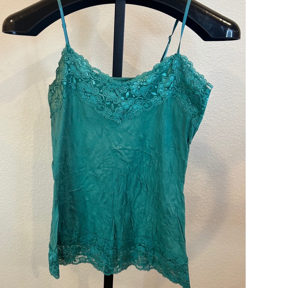 Vanity Y2K‎ Womens Lace Trim Camisole Teal Floral Lace V-Neck Cami Top Large
